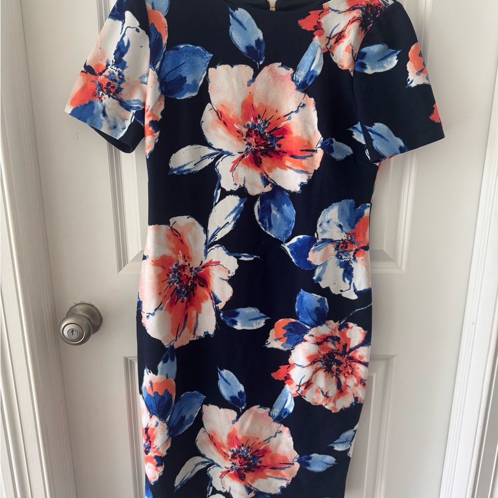 Tahari Navy and Coral Floral Midi Dress